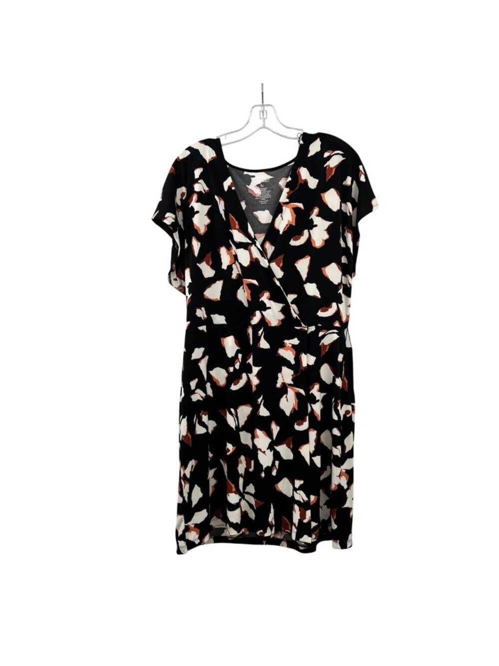 Nine West Womens Faux Wrap Dress Black/Multi Print Short Sleeve Size XL Belted